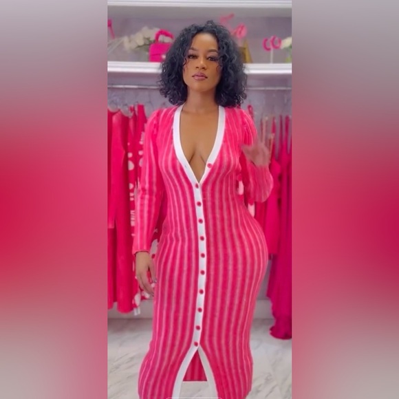 Pink Ribbed V-Neck Long Sleeve Dress - Picture 5 of 8